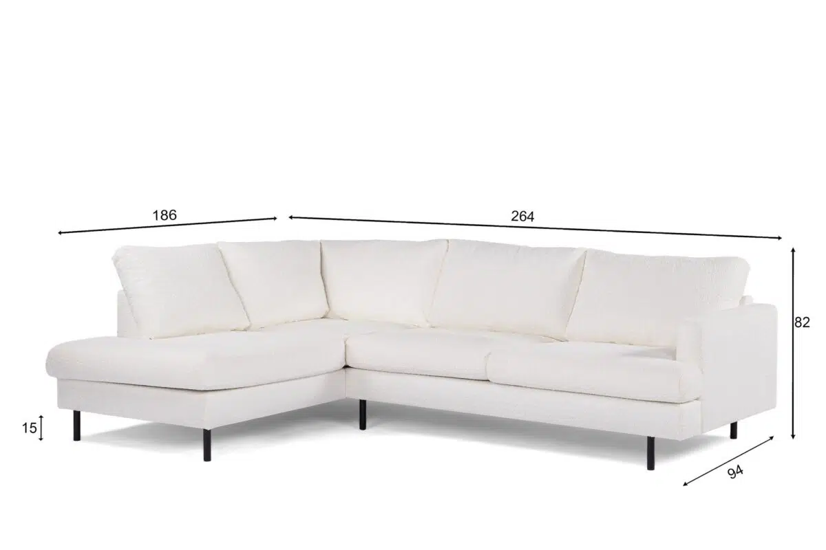 Een witte L-vormige sectionele bank met zwarte poten. Afmetingen zijn gemarkeerd: 186 cm aan de linkerkant, 264 cm over de achterkant, 82 cm hoog, 94 cm diep aan de rechterkant en 15 cm poothoogte.