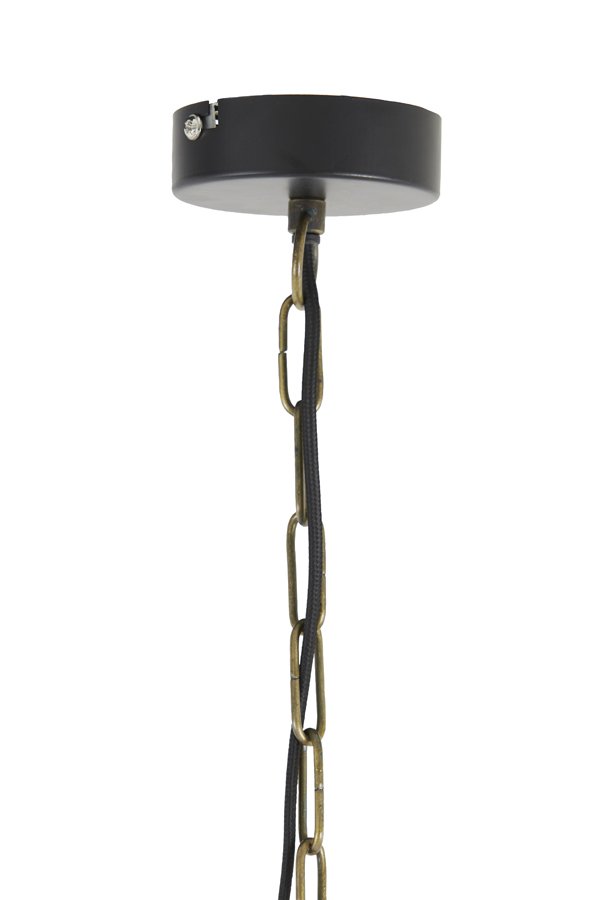 Een close-up van een zwarte plafondbevestiging met een metalen ketting en een zwart snoer dat naar beneden hangt. De kettingschakels zijn aan de bevestiging bevestigd en het snoer loopt er parallel doorheen. De opstelling is waarschijnlijk bedoeld om een verlichtingsarmatuur op te hangen.