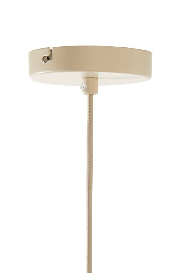 Beige cilindrische plafondlamp met een ronde voet en één snoer dat naar beneden loopt.