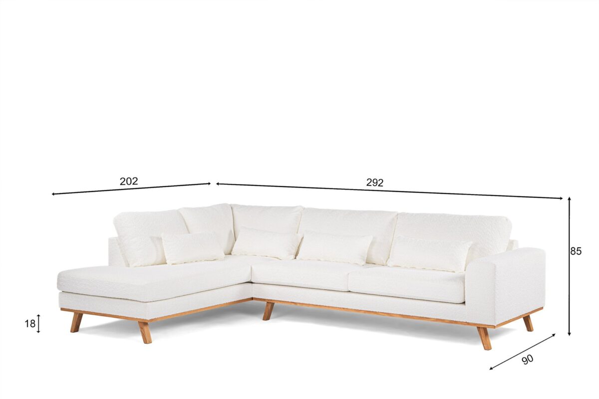 Een witte L-vormige sectionele bank op houten poten tegen een witte achtergrond. De afmetingen zijn aangegeven: 292 cm lang, 202 cm voor het verlengde gedeelte, 90 cm diep, 85 cm hoog en 18 cm van de vloer tot de basis.