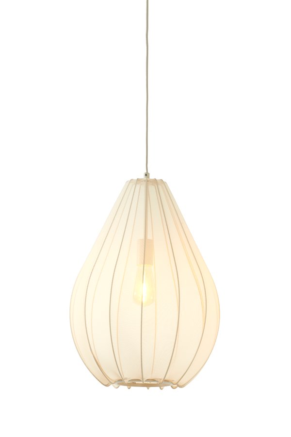 Een hangende hanglamp met een druppelvormige, witte stoffen kap. De gloeilamp binnenin gloeit zacht en een dunne draad ondersteunt het armatuur van bovenaf.