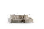 Een 3 zits bank CL L+R in stof Lincoln 83, RIB920 naturel met chaise lounge is afgebeeld op een effen witte achtergrond. Afmetingen voor hoogte, breedte, diepte en zitting zijn in centimeters. Vier bijpassende kussens maken de look compleet.