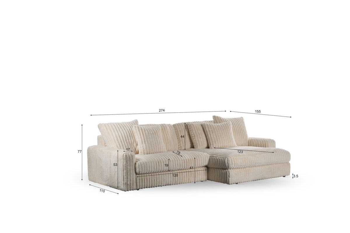 De 3 zits bank CL L+R in D460 beige (stof Vito 23) is een sectionaal met geribbelde bekleding, grote rugkussens, zichtbare cm-afmetingen (lengte, breedte, hoogte, zitdiepte, armleuninghoogte) en een chaise aan de rechterkant.