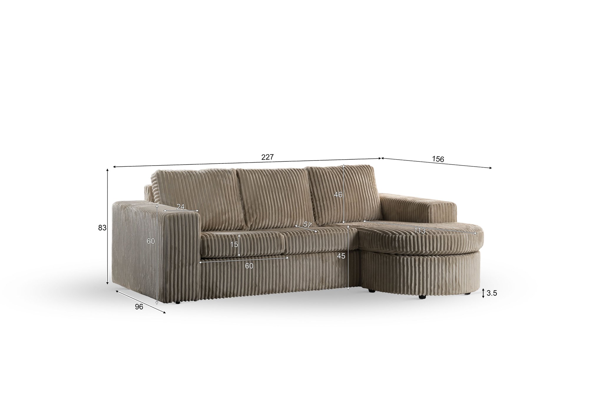 Beige corduroy hoekbank met chaise longue rechts, met opdruk van de volgende afmetingen: hoogte 83 cm, zithoogte 45 cm, totale breedte 227 cm, diepte 156 cm, armleuningbreedte 24 cm en chaise longue diepte 96 cm.