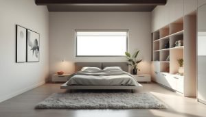 Een moderne slaapkamer heeft een groot bed met nachtkastjes met lampen ernaast. Een pluchen kleed siert de houten vloer, terwijl een groot raam met jaloezieën de achterwand centreert. Rechts staat een plant en minimalistische kunst siert de linkerwand, wat een elegante ruimte creëert om te ontspannen.