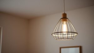 Een moderne hanglamp met een draadkooiontwerp hangt aan het plafond en verlicht zachtjes. De achtergrond is minimaal en wazig, met een vleugje van een ingelijst object aan de muur.