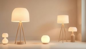 Een minimalistisch interieur met een collectie van vijf lampen, elk met eenvoudige houten voetstukken en zachte witte kappen, die een warme sfeer uitstralen. De vloerlampen variëren in hoogte en design, netjes gerangschikt tegen een lichtgekleurde muur.