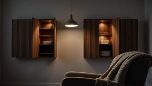 Een schemerige kamer heeft een hanglamp die twee Scandinavische kasten met open deuren verlicht, waarop gerechten staan. Eronder staat een fauteuil met een gebreide sprei die gedeeltelijk zichtbaar is. De sfeer is gezellig en warm.