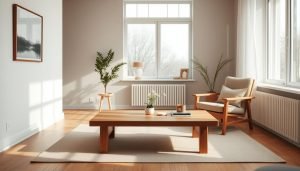 Een lichte woonkamer met een groot raam, houten salontafel en een uitnodigende stoel. Een potplant en een ingelijste foto sieren de gezellige ruimte, met zonlicht dat op het lichtgekleurde tapijt en de houten vloer valt.