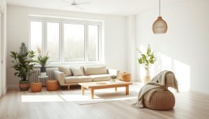 Een lichte, minimalistische woonkamer met een beige bank, houten salontafel en poef geaccentueerd door een beige deken. Grote ramen vullen de ruimte met natuurlijk licht, waardoor het Scandinavische interieur tot zijn recht komt. Potplanten en een rieten hanglamp zorgen voor gezelligheid, terwijl de lichte houten vloer de charmante uitstraling van het huis compleet maakt.
