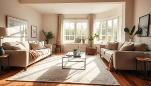 Een gezellige, zonnige woonkamer inspiratie biedt inspiratie, met twee beige banken tegenover elkaar. Een wit kleed ligt op de houten vloer onder een vierkante glazen salontafel. Grote ramen onthullen een groene tuin, terwijl muren zijn versierd met minimalistische kunst, wat de serene ruimte versterkt.