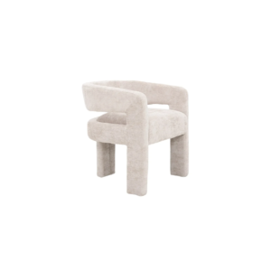 De CHAIR ONIX ZB-5688 CREAM FY2415-7 is een moderne fauteuil met een gebogen rugleuning, open zijkanten, lichtbeige bekleding, dikke, gewatteerde poten en een minimalistisch design.