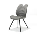 De Stoel Hardy zwart Stof Soft Steel is een moderne stoel met een grijze ruitvormige gestoffeerde zitting en rugleuning, slanke zwarte metalen poten en een kleine uitsparing aan de bovenkant van de rugleuning.