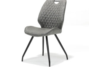 De Stoel Hardy zwart Stof Soft Steel is een moderne stoel met een grijze ruitvormige gestoffeerde zitting en rugleuning, slanke zwarte metalen poten en een kleine uitsparing aan de bovenkant van de rugleuning.