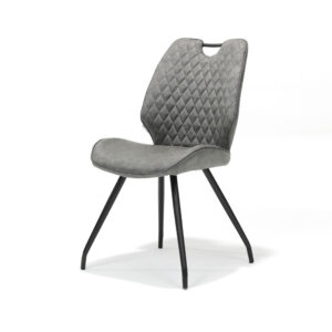 De Stoel Hardy zwart Stof Soft Steel is een moderne stoel met een grijze ruitvormige gestoffeerde zitting en rugleuning, slanke zwarte metalen poten en een kleine uitsparing aan de bovenkant van de rugleuning.