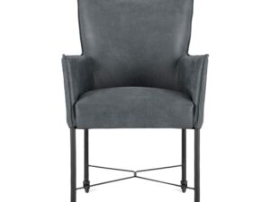 De Eetkamerstoel Maastricht Antraciet is een moderne fauteuil met donkergrijze bekleding, slanke metalen poten en kleine wieltjes op elke poot, van voren afgebeeld tegen een witte achtergrond.
