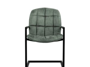 De Eetkamerstoel Ben 405 Middle Green is een moderne stoel met een zitting en rugleuning van groen-grijs textiel met rasterpatroon, een zwart metalen frame met armleuningen en een sledeonderstel, zoals afgebeeld vanaf de voorkant.