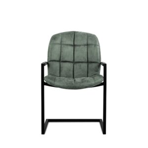 De Eetkamerstoel Ben 405 Middle Green is een moderne stoel met een zitting en rugleuning van groen-grijs textiel met rasterpatroon, een zwart metalen frame met armleuningen en een sledeonderstel, zoals afgebeeld vanaf de voorkant.