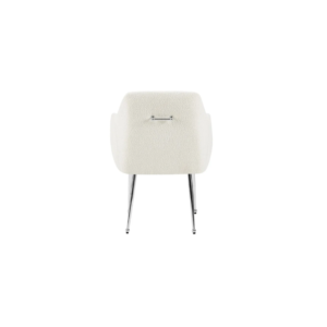 De CHAIR MILA VC802A SILVER + WHITE TEDDY is een moderne witte fauteuil met chromen poten en een chromen handgreep op de rugleuning, die van achteren af te zien is tegen een effen witte achtergrond.