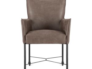 De Eetkamerstoel Maastricht Donker bruin is een moderne fauteuil met donkerbruine bekleding, licht uitlopende armleuningen, een hoge rugleuning, slanke zwarte metalen poten met een X-vormig stretchgedeelte en kleine wieltjes onder de voeten.