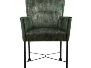 De Eetkamerstoel London Touch Me 5 Malachite is een groen gestoffeerde fauteuil met een licht verweerde textuur, metalen poten en zwarte wieltjes, van voren afgebeeld tegen een witte achtergrond.