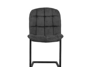 De Eetkamerstoel Ben Zonder Armleuning / Jackson 101 is een moderne eetkamerstoel met een zwarte metalen sledevoet en een donkergrijze bekleding met een rasterpatroon, zichtbaar aan de voorzijde.