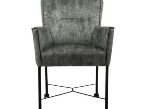 De Eetkamerstoel London Touch me 10 Moonstone is een moderne fauteuil bekleed met een donkergrijze stof met structuur, met slanke zwarte metalen poten met vier kleine wielen, een X-vormige steunbalk, een hoge rugleuning en zachte armleuningen.
