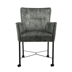 De Eetkamerstoel London Touch me 10 Moonstone is een moderne fauteuil bekleed met een donkergrijze stof met structuur, met slanke zwarte metalen poten met vier kleine wielen, een X-vormige steunbalk, een hoge rugleuning en zachte armleuningen.
