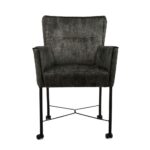 De Eetkamerstoel London Touch Me 9 Onyx is een moderne, donkergrijs gestoffeerde fauteuil met slanke metalen poten op kleine wieltjes, afgebeeld tegen een witte achtergrond.