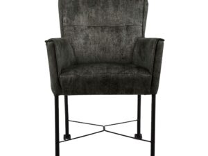 De Eetkamerstoel Boston Beige is een moderne fauteuil met een beige structuurbekleding, slanke metalen poten met wieltjes, gewatteerde armleuningen en een rechte rugleuning.