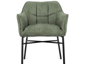 De Eetkamerstoel Boston Middle Green is een gestoffeerde fauteuil met een gewatteerde zitting en rugleuning, subtiel stiksel en zwarte metalen poten met kruisliggers, van voren afgebeeld op een witte achtergrond.