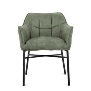 De Eetkamerstoel Boston Middle Green is een gestoffeerde fauteuil met een gewatteerde zitting en rugleuning, subtiel stiksel en zwarte metalen poten met kruisliggers, van voren afgebeeld op een witte achtergrond.