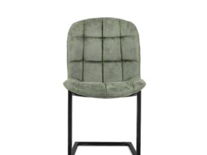De Eetkamerstoel Ben Zonder Armleuning / Jackson 405 Middle Green is een moderne, groen gestoffeerde stoel met een rugleuning en zitting met rasterpatroon en een zwart metalen sledeframe, zoals afgebeeld vanaf de voorkant.
