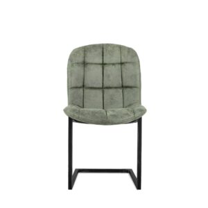 De Eetkamerstoel Ben Zonder Armleuning / Jackson 405 Middle Green is een moderne, groen gestoffeerde stoel met een rugleuning en zitting met rasterpatroon en een zwart metalen sledeframe, zoals afgebeeld vanaf de voorkant.