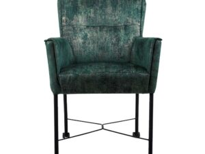 Eetkamerstoel London Touch Me 6 Amazonite in groen fluweel met een verweerde textuur, slanke zwarte metalen poten met wielen en schuine armleuningen, afgebeeld met de voorkant naar voren tegen een witte achtergrond.