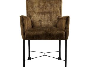 De Eetkamerstoel London Touch me 2 is een fauteuil met bruine fluwelen bekleding, slanke zwarte metalen poten en kleine wieltjes, afgebeeld met de voorkant naar voren tegen een witte achtergrond.