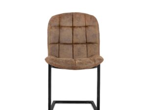 Vooraanzicht van de Eetkamerstoel Ben Zonder Armleuning / Jackson 803 Cognac: een bruine leren stoel met een gevoerde zitting en rugleuning met rasterpatroon, ondersteund door vrijdragende poten van zwart metaal.