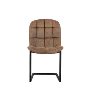 Vooraanzicht van de Eetkamerstoel Ben Zonder Armleuning / Jackson 803 Cognac: een bruine leren stoel met een gevoerde zitting en rugleuning met rasterpatroon, ondersteund door vrijdragende poten van zwart metaal.