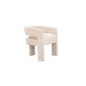 De CHAIR ONIX ZB-5688 TAUPE FY2415-6 is een moderne stoel met taupekleurige bekleding, dikke, ronde poten en een open rugleuning. De stoel heeft een minimalistisch, eigentijds design en wordt geleverd met een witte achtergrond.