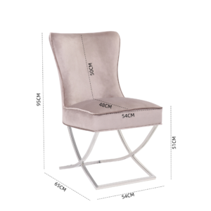 De STOEL RIXOS 105 heeft een taupekleurige stoffen bekleding, een hoge, gebogen rugleuning en zilverkleurige metalen poten. Afmetingen: hoogte 95 cm, zithoogte 51 cm, zitbreedte 54 cm, zitdiepte 48 cm, totale diepte 65 cm, pootbreedte 54 cm.