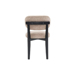 De STOEL SILLA ZB-5684 is voorzien van bruine bekleding met een zachte zitting en rugleuning, zwarte houten poten, twee verticale steunen en twee zichtbare schroeven op de rugleuning. De rugleuning is van achteren afgebeeld tegen een witte achtergrond.