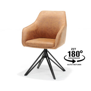 De Berry Eetkamerstoel draaivoet in Soft Cognac is een moderne, bruin gestoffeerde stoel met zwarte metalen poten. Hij is 180° draaibaar en heeft een auto-return functie, waardoor hij perfect is als stijlvolle eetkamerstoel.