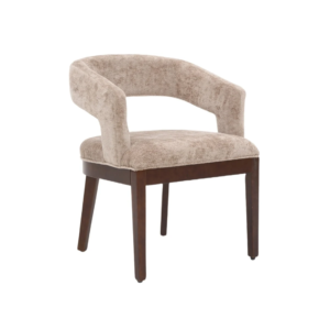 De SINDY EETKAMERSTOEL ZB-5689 heeft een beige structuurzitting en rugleuning met een gebogen open rugleuning, geplaatst op donkerbruine houten poten voor een modern accent in elke ruimte.