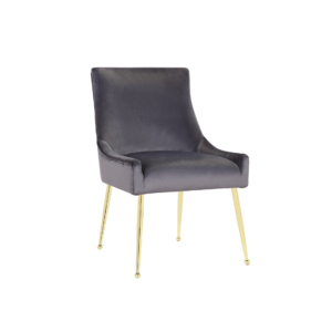 De Genoa Eetkamerstoel 5255 heeft een zachte, grijze stoffen zitting en rugleuning, elegante gouden poten en een minimalistisch design, afgebeeld tegen een witte achtergrond.