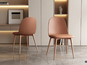 Twee moderne Stoel 'Jasmin' stoelen met terracotta PP zittingen en PU kussens staan op een glanzende marmeren vloer in een stijlvolle kamer met lichte kasten, open planken, zachte sfeerverlichting en een handsculptuur op de plank op de achtergrond.