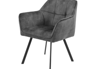 De Eetkamerstoel Emma | Velvet Dark Grey is een moderne, met fluweel beklede stoel met een zachte zitting, vierkante rugleuning en slanke, zwarte metalen poten, afgebeeld tegen een witte achtergrond.