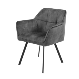 De Eetkamerstoel Emma | Velvet Dark Grey is een moderne, met fluweel beklede stoel met een zachte zitting, vierkante rugleuning en slanke, zwarte metalen poten, afgebeeld tegen een witte achtergrond.