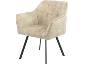 De Eetkamerstoel Emma | Velvet Taupe is een moderne fauteuil met taupekleurige fluwelen bekleding, een gewatteerde zitting en rugleuning, schuine armleuningen en vier slanke zwarte metalen poten, afgebeeld tegen een witte achtergrond.
