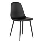 De Stockholm Dining Chair set bestaat uit twee stoelen in zwart PU met zwarte poten, elk met een strak, minimalistisch ontwerp met een gladde, gebogen rugleuning, gevoerde zitting en slanke, taps toelopende poten.