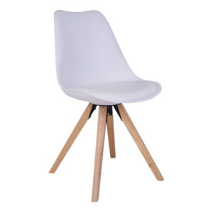 De Bergen Eetkamerstoel is een moderne witte stoel met een gebogen zitting en rugleuning, ondersteund door vier naturel houten poten. Verkrijgbaar als set van 2.
